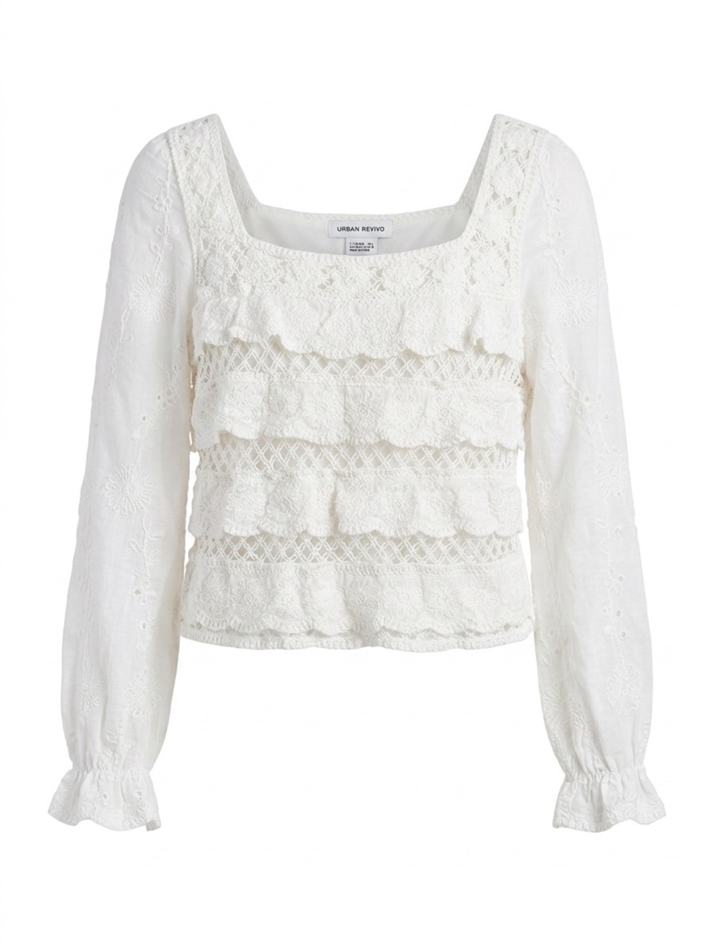 Romantic Urban Revivo White Tiered Crochet Ruffle & Eyelet Long Sleeve Top Boho